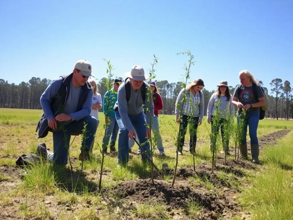 A group of volunteers planting native trees in a deforested area, illustrating habitat restoration efforts by ASSOCIATION COMMUNALE DE CHASSE AGREEE DE SAINTE-MARIE.