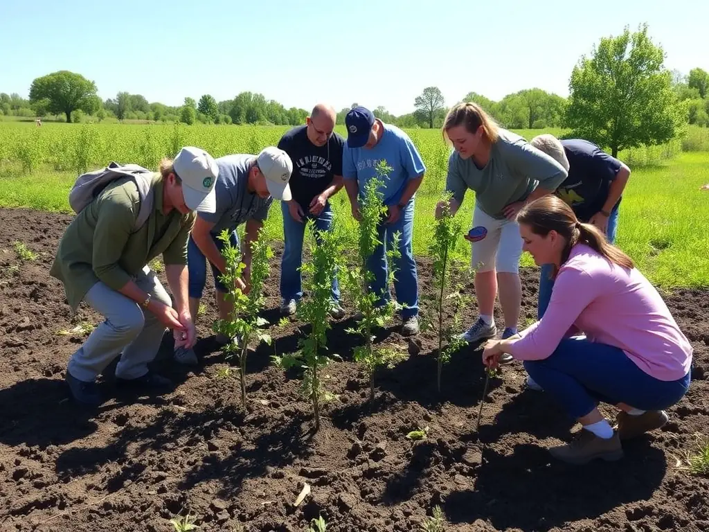 Volunteers planting native trees and shrubs in a deforested area, contributing to habitat restoration and biodiversity enhancement.