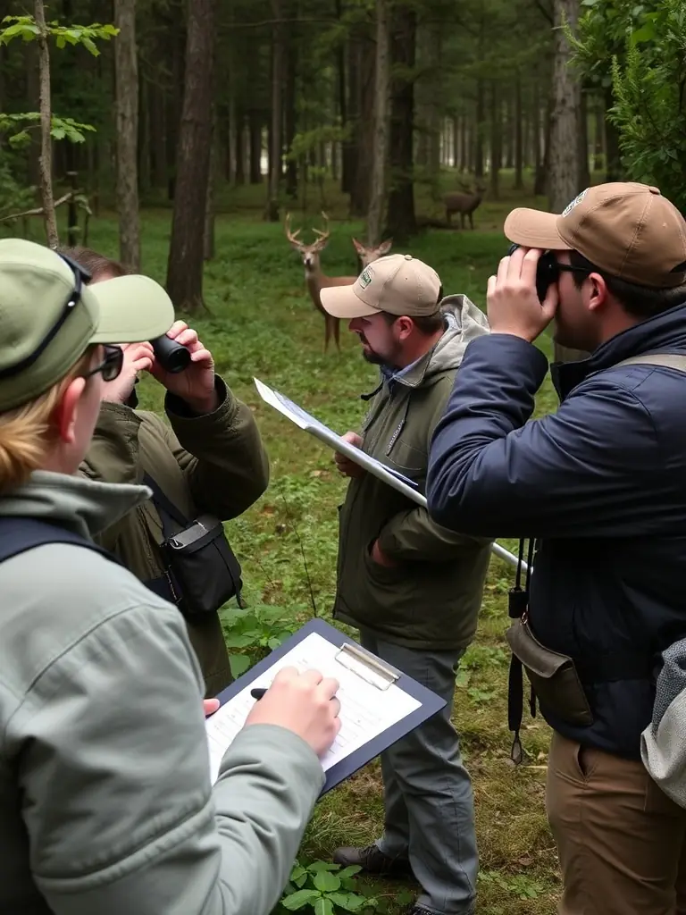 A photograph showing members of the association conducting a wildlife census, carefully observing and recording data on local animal populations.