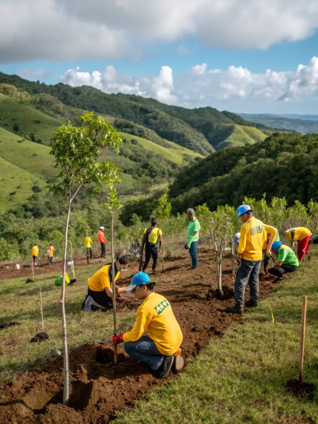 A photograph of volunteers planting trees in a deforested area, illustrating habitat restoration efforts.
