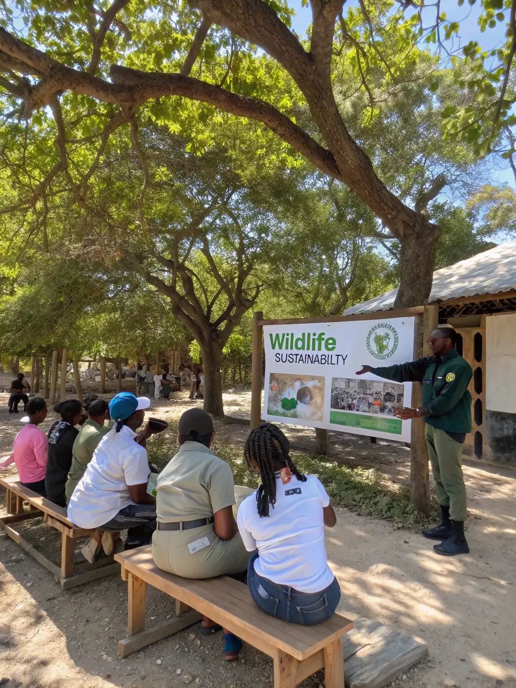 A photograph of a community workshop led by association members, educating local residents about responsible hunting practices and ecological stewardship.