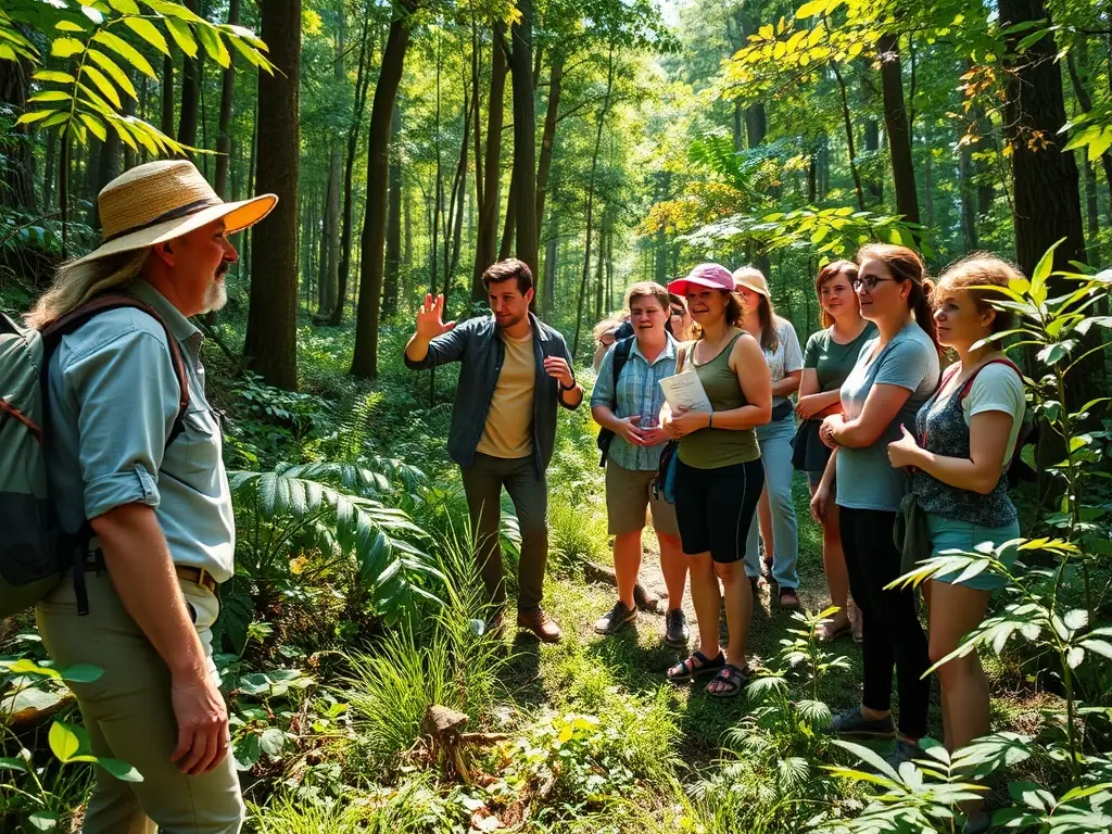 A group of hunters participating in a guided tour of the local forest, learning about sustainable hunting practices and wildlife conservation efforts.