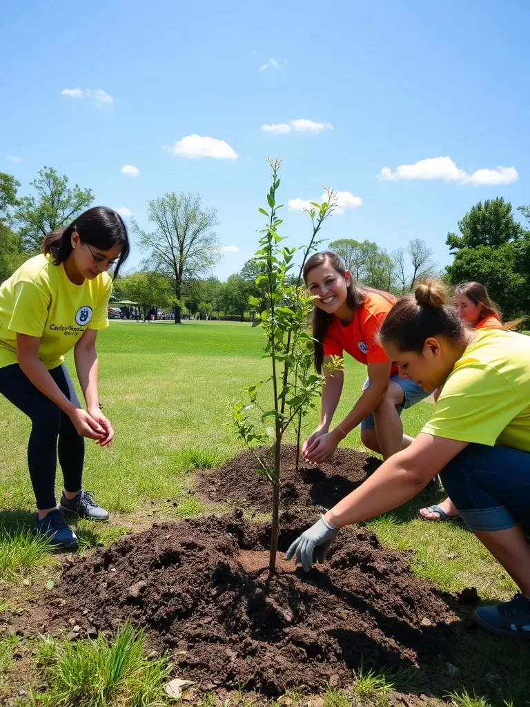 A photograph depicting volunteers planting trees as part of a habitat restoration project in the Sainte-Marie region, showcasing the organization's commitment to environmental conservation.