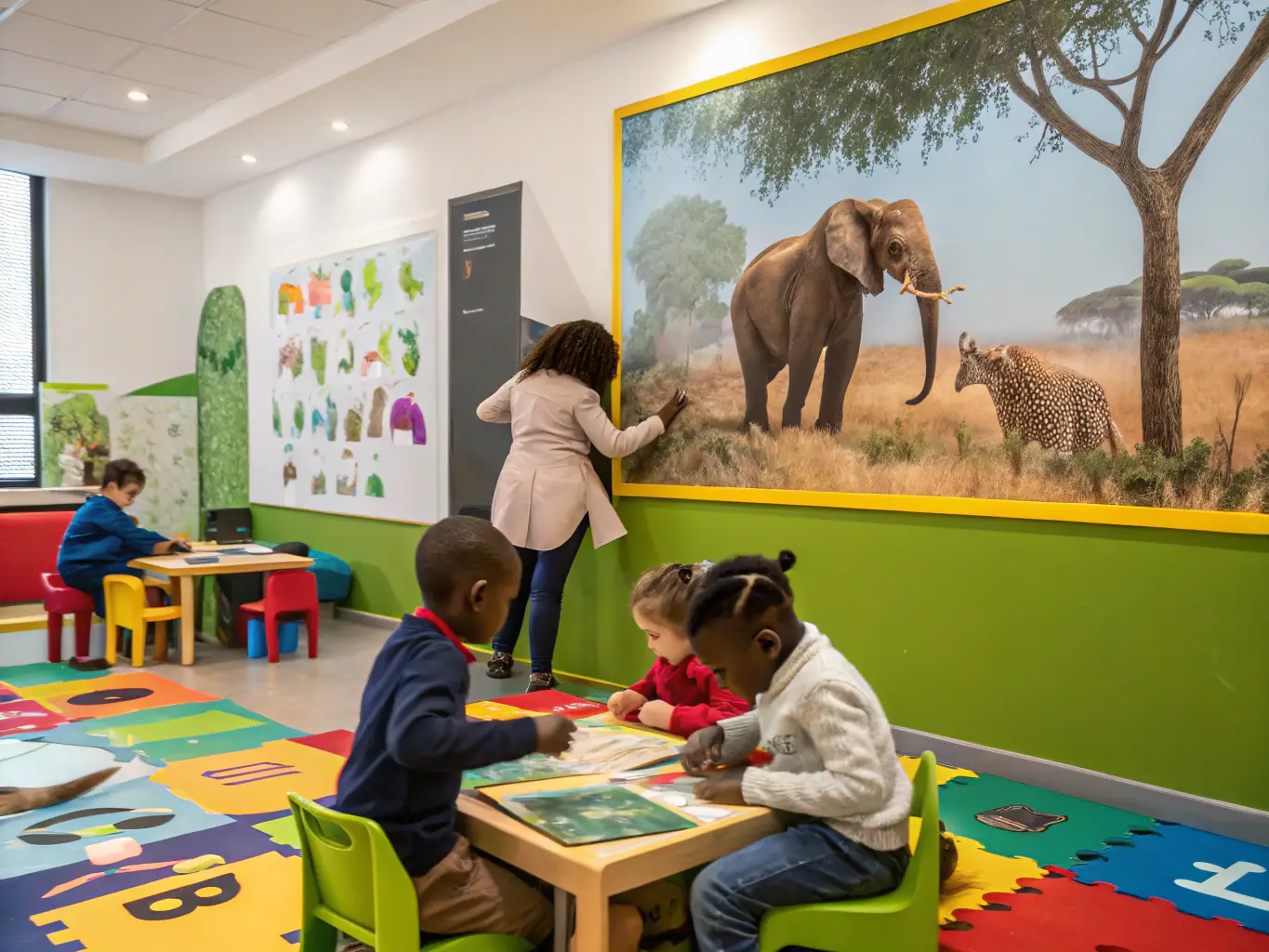 A classroom setting where instructors are teaching children about wildlife conservation, responsible hunting, and the importance of respecting nature.