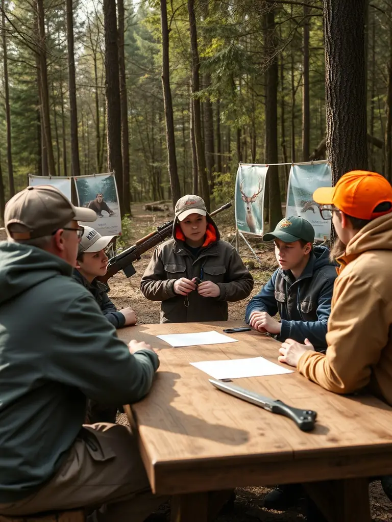 A group of hunters participating in a workshop on sustainable hunting practices, emphasizing ethical and responsible hunting.